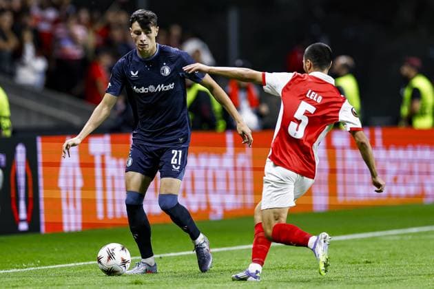 BRAGA , 24-09-2025 , Stadium municipal de Braga , season 2025 2026 , Europa League football , Braga FC - Feyenoord , picture shows Feyenoord player Anel Ahmedhodzic and Braga player Leonardo Lelo Braga - Feyenoord  x31179612x Copyright: