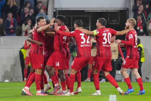 Maximilian Eggestein SC Freiburg, 08 goal celebration, emotions, goal shot, goal, goal, goal, Germany, football, UEFA Europa League, 1 matchday, league phase, 2025 2026, SC Freiburg vs FC Basel, 24 09 2025, Europa Park Stadion, Freiburg, Germany Freiburg Europa Park Stadion Baden Württemberg Germany Copyright: xArnexAmbergx