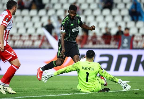 Matheus of Crvena zvezda saves from Kelechi Iheanacho of Celtic Crvena zvezda v Celtic, UEFA Europa League, Football, Rajko Mitic Stadium, Belgrade, Serbia - 24 Sep 2025Belgrade Rajko Mitic Stadium Serbia EDITORIAL USE ONLY No use with unauthorised audio, video, data, fixture lists, club league logos or live services. Online in-match use limited to 120 images, no video emulation. No use in betting, games or single club league player publications. Copyright: xNikolaxKrstic Shutterstockx 15498417do