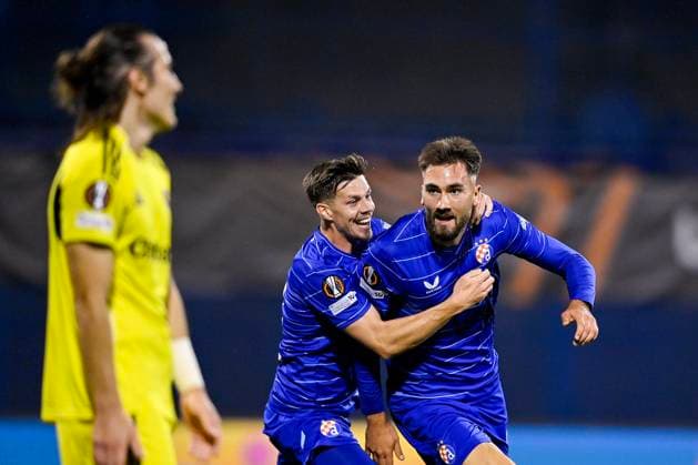 GNK Dinamo v Fenerbahce SK - UEFA Europa League 2025 26 League Phase MD1 ZAGREB, CROATIA - SEPTEMBER 24: Miha Zajc and Dion Drena Beljo of GNK Dinamo celebrate a goal during the UEFA Europa League 2025 26 League Phase MD1 match between GNK Dinamo and Fenerbahce SK at Stadion Maksimir on September 24, 2025 in Zagreb, Croatia.  IgorxSoban PIXSELL