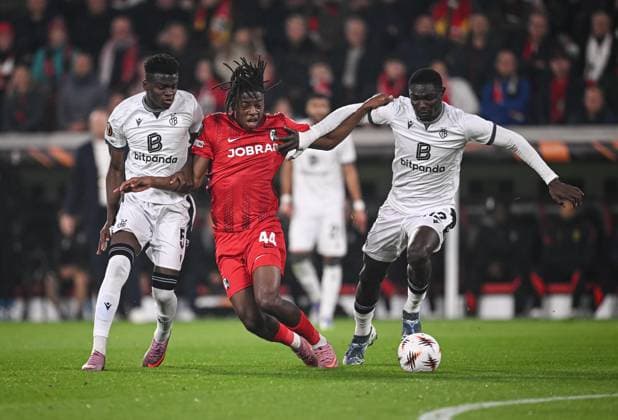FOOTBALL EUROPE LEAGUE SEASON 2025 2026 1 Matchday 24 09 2025 SC Freiburg FC Basel Johan Manzambi center, SC Freiburg vs Metinho left, FC Basel and Jonas Adjetey right, FC Basel
