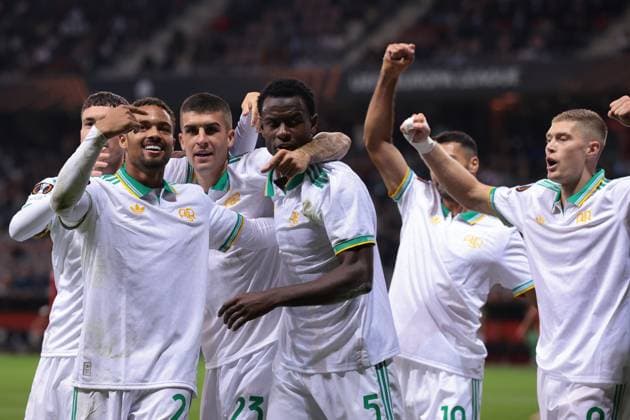 Nice, France, 24th September 2025.Evan N Dicka of AS Roma celebrates with team mates after scoring to give the side a 1-0 lead during the OGC Nice vs AS Roma UEFA Europa League match at Gran Stade de Nice, Nice. Picture credit should read: Jonathan Moscrop Sportimage EDITORIAL USE ONLY. No use with unauthorised audio, video, data, fixture lists, club league logos or live services. Online in-match use limited to 120 images, no video emulation. No use in betting, games or single club league player publications. SPI_033_JM_OGCNICE_ROMA_UEL SPI-4156-0033