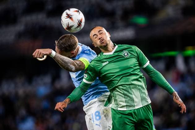 MALMO FF - LUDOGORETS Pontus Jansson of Malmö FF and Matheus Machado of Ludogorets during the UEFA Europa League, league stage match between Malmö FF and Ludogorets. Eleda Stadion, Malmo, Sweden, September 24, 2025. Photo by Branislav Racko Copyright: xx 080A1121