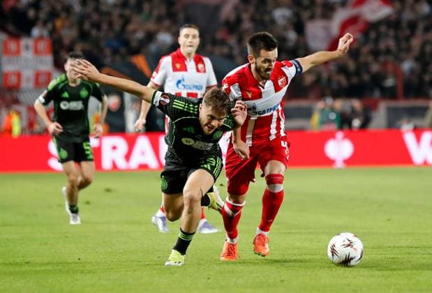 James Forrest of Celtic and Mirko Ivanic of Crvena zvezda Crvena zvezda v Celtic, UEFA Europa League, Football, Rajko Mitic Stadium, Belgrade, Serbia - 24 Sep 2025Belgrade Rajko Mitic Stadium Serbia EDITORIAL USE ONLY No use with unauthorised audio, video, data, fixture lists, club league logos or live services. Online in-match use limited to 120 images, no video emulation. No use in betting, games or single club league player publications. Copyright: xNikolaxKrstic Shutterstockx 15498417ep