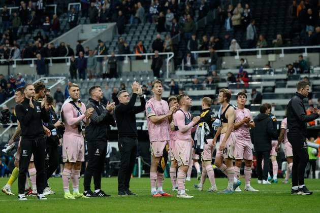 24th September 2025; St James Park, Newcastle, England; Carabao Cup Football, Newcastle United versus Bradford City; Bradford city applaud their supporters at full time after their 4-1 loss  CraigxCowan