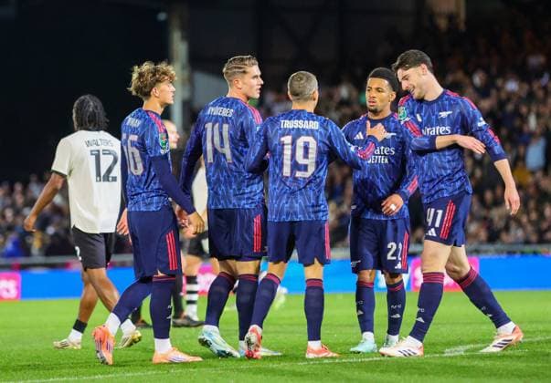 24th September 2025; Vale Park, Stoke, Staffordshire, England; EFL Carabao Cup Football, Port Vale versus Arsenal; Leandro Trossard of Arsenal is congratulated after scoring in the 84th minute to make it 2-0  RogerxEvans