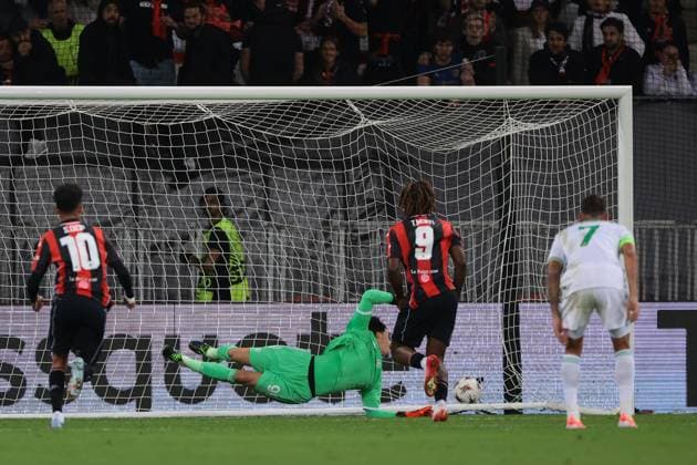 Nice, France, 24th September 2025. Terem Moffi of OGC Nice scores a penalty to reduce the arrears to 2-1 during the OGC Nice vs AS Roma UEFA Europa League match at Gran Stade de Nice, Nice. Picture credit should read: Jonathan Moscrop Sportimage EDITORIAL USE ONLY. No use with unauthorised audio, video, data, fixture lists, club league logos or live services. Online in-match use limited to 120 images, no video emulation. No use in betting, games or single club league player publications. SPI_050_JM_OGCNICE_ROMA_UEL SPI-4156-0050