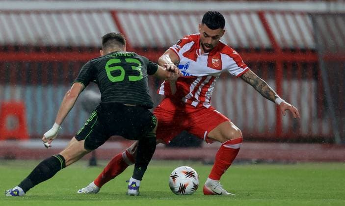 24.09.2025 Belgrade Beograd FK Crvena Zvezda(FC Red Star)-FC Celtic Europa League men s football Nemanja Radonjic(R D) Crvena Zvezda(Red Star) :