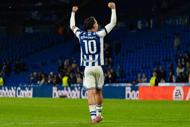 Oyarzabal (N10) celebrating the victory after La Liga game between Real Sociedad and Mallorca at Anoeta , San Sebastián, Spain.  Copyright: xAndresxLopezxSheridanxx xSPPx Sportspressphoto_SPR31634