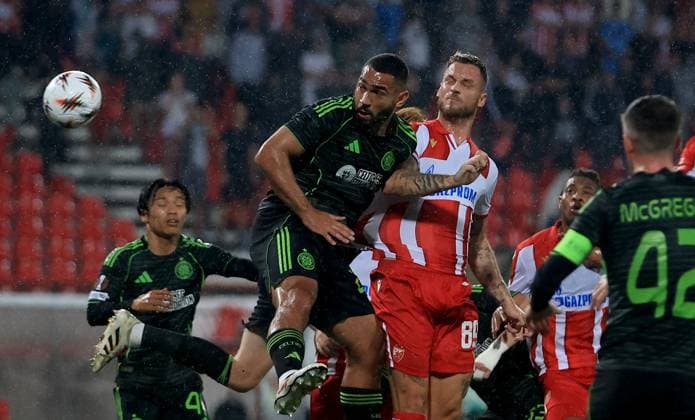 24.09.2025 Belgrade Beograd FK Crvena Zvezda(FC Red Star)-FC Celtic Europa League men s football Cameron Carter-Vickers(Central Left) Celtic in defence stopped Marko Arnautovic(Central Right) Crvena Zvezda(FC Red Star) :