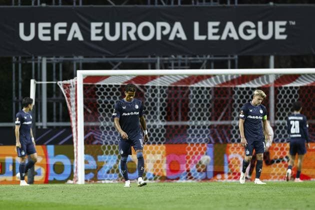 BRAGA , 24-09-2025 , Stadium municipal de Braga , season 2025 2026 , Europa League football , Braga FC - Feyenoord , picture shows Feyenoord player Goncalo Borges , Feyenoord player Sem Steijn disappointment after goal. Braga - Feyenoord  x31182919x Copyright: