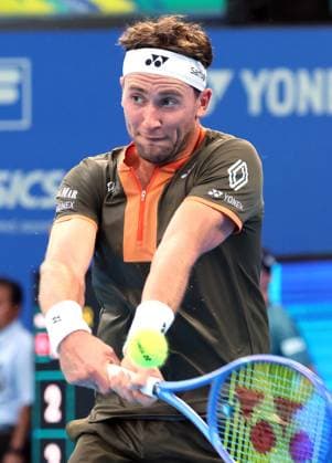 September 25, 2025, Tokyo, Japan - Casper Ruud of Norway returns the ball against Japan s Shintaro Mochizuki during a single round 32 match at the the Japan Open Tennis tournament in Tokyo on Thursday, September 25, 2025. Ruud defeated Mochizuki 4-6, 6-1, 6-1. (photo by Yoshio Tsunoda AFLO) Noxthirdxpartyxsales  aflo_304723844