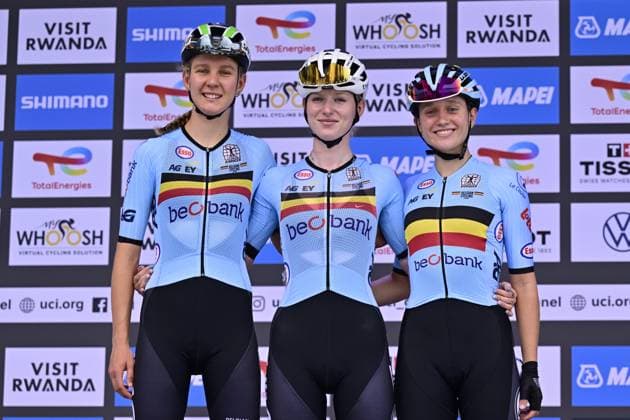 Belgian Lore de Schepper, Belgian Xaydee van Sinaey and Belgian Tess Moerman pictured during the team presentation ahead of the U23 women road race (119,3 km) at the cycling road World Championships in Kigali, Rwanda, Thursday 25 September 2025. The 2025 UCI Road World Championships take place from 21 to 28 September in Kigali, Rwanda. DIRKxWAEM  x135237683x