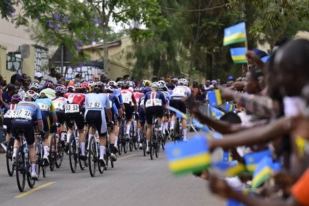 A pack of riders pictured in action during the U23 women road race (119,3 km) at the cycling road World Championships in Kigali, Rwanda, Thursday 25 September 2025. The 2025 UCI Road World Championships take place from 21 to 28 September in Kigali, Rwanda. DIRKxWAEM  x135243088x