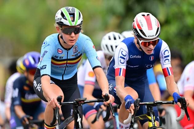 Belgian Lore de Schepper pictured in action during the U23 women road race (119,3 km) at the cycling road World Championships in Kigali, Rwanda, Thursday 25 September 2025. The 2025 UCI Road World Championships take place from 21 to 28 September in Kigali, Rwanda. DIRKxWAEM  x135244919x