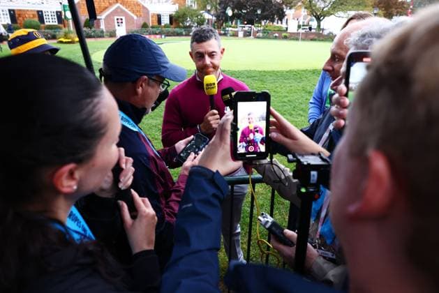 Rory McIlroy of Team Europe is interviewed. 2025 Ryder Cup, Thursday Practice, Golf, Bethpage Black Golf Course, New York, USA - 25 Sep 2025New York Bethpage Black Golf Course New York (NY) United States of America EDITORIAL USE ONLY No use with unauthorised audio, video, data, fixture lists, club league logos or live services. Online in-match use limited to 120 images, no video emulation. No use in betting, games or single club league player publications. Copyright: xJamesxMarsh Shutterstockx 15500195ae
