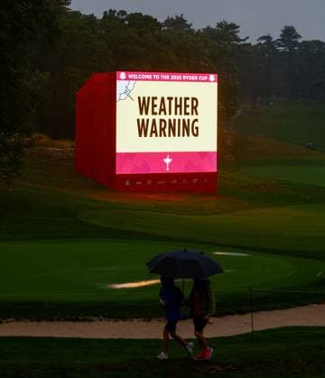 Weather warning signage. 2025 Ryder Cup, Thursday Practice, Golf, Bethpage Black Golf Course, New York, USA - 25 Sep 2025New York Bethpage Black Golf Course New York (NY) United States of America EDITORIAL USE ONLY No use with unauthorised audio, video, data, fixture lists, club league logos or live services. Online in-match use limited to 120 images, no video emulation. No use in betting, games or single club league player publications. Copyright: xJamesxMarsh Shutterstockx 15500195x