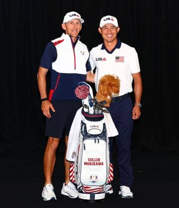 Collin Morikawa of Team USA and caddie. 2025 Ryder Cup, Thursday Practice, Golf, Bethpage Black Golf Course, New York, USA - 25 Sep 2025New York Bethpage Black Golf Course New York (NY) United States of America EDITORIAL USE ONLY No use with unauthorised audio, video, data, fixture lists, club league logos or live services. Online in-match use limited to 120 images, no video emulation. No use in betting, games or single club league player publications. Copyright: xJamesxMarsh Shutterstockx 15500195ax