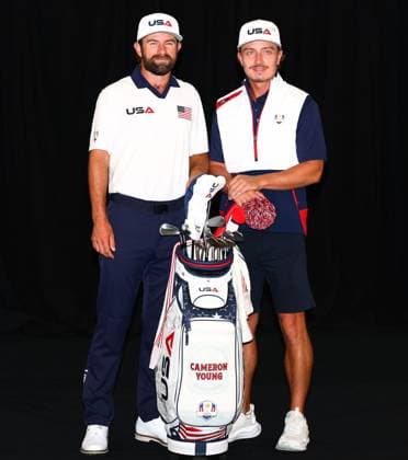 Cameron Young of Team USA and caddie. 2025 Ryder Cup, Thursday Practice, Golf, Bethpage Black Golf Course, New York, USA - 25 Sep 2025New York Bethpage Black Golf Course New York (NY) United States of America EDITORIAL USE ONLY No use with unauthorised audio, video, data, fixture lists, club league logos or live services. Online in-match use limited to 120 images, no video emulation. No use in betting, games or single club league player publications. Copyright: xJamesxMarsh Shutterstockx 15500195bd