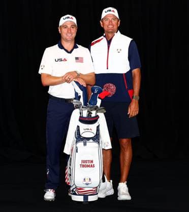 Justin Thomas of Team USA and caddie. 2025 Ryder Cup, Thursday Practice, Golf, Bethpage Black Golf Course, New York, USA - 25 Sep 2025New York Bethpage Black Golf Course New York (NY) United States of America EDITORIAL USE ONLY No use with unauthorised audio, video, data, fixture lists, club league logos or live services. Online in-match use limited to 120 images, no video emulation. No use in betting, games or single club league player publications. Copyright: xJamesxMarsh Shutterstockx 15500195bf