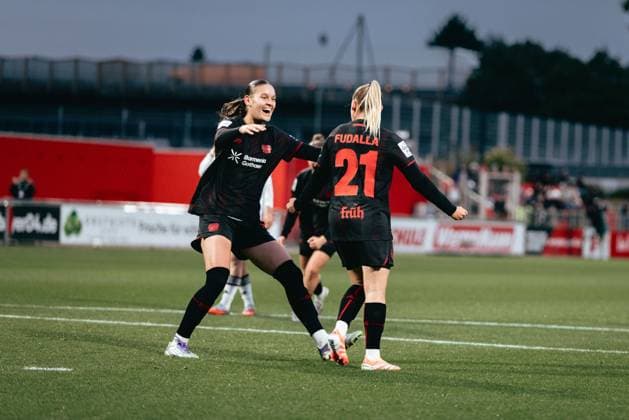 25 09 25, Women, Soccer, Google Pixel Womens Bundesliga, Season 2025 2026, Bayer 04 Leverkusen Eintracht Frankfurt, Matchday 4 Vanessa Fudalla 21 Bayer 04 Leverkusen Celebrating goal for 1 0 Leverkusen Ulrich Haberland Stadion NRW Germany
