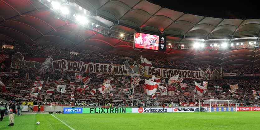 Stuttgart , Europa League soccer VfB Stuttgart vs Celta Vigo, choreo in Cannstatter Kurve Were going for the European Cup this time In accordance with the regulations of the DFL German Football League, it is prohibited to use or have used photographs taken in the stadium and or of the match in the form of sequential images and or video-like photo series