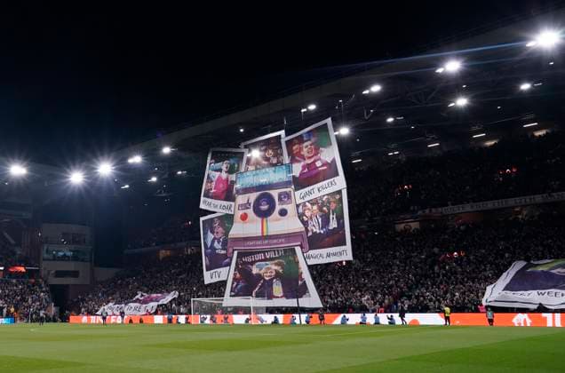 Birmingham, England, 25th September 2025. A Tifo displayed by the Aston Villa fans prior to the Aston Villa vs Bologna UEFA Europa League match at Villa Park, Birmingham. Picture credit should read: Andrew Yates Sportimage EDITORIAL USE ONLY. No use with unauthorised audio, video, data, fixture lists, club league logos or live services. Online in-match use limited to 120 images, no video emulation. No use in betting, games or single club league player publications. SPI_004_AY_Villa_Bologna SPI-4162-0003