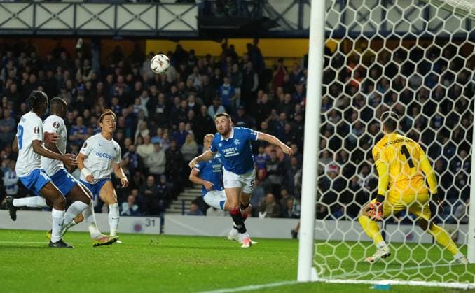John Souttar of Rangers heads a bending effort towards the far post that was cleared off the goal line. Rangers v Genk, UEFA Europa League, Football, Ibrox Stadium, Glasgow, Scotland, UK - 25 Sep 2025Glasgow Ibrox Stadium Scotland United Kingdom EDITORIAL USE ONLY No use with unauthorised audio, video, data, fixture lists, club league logos or live services. Online in-match use limited to 120 images, no video emulation. No use in betting, games or single club league player publications. Copyright: xStuartxWallace Shutterstockx 15498613s