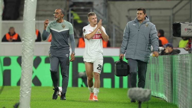 Stuttgart , Europa League soccer VfB Stuttgart vs Celta Vigo, Finn Jeltsch VfB is substituted due to injury According to the regulations of the DFL German Football League, it is prohibited to use or have used photographs taken in the stadium and or of the match in the form of sequential images and or video-like photo series