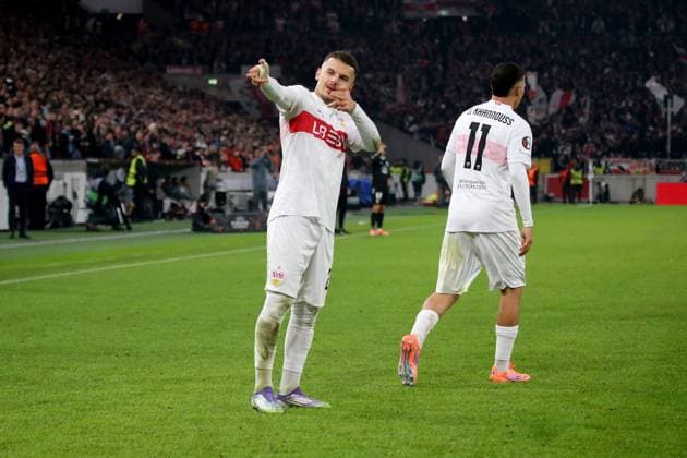 25 09 2025, xmohx, Football UEFA Europa League, VfB Stuttgart Celta Vigo v l Torjubel nach dem Tor zum celebrating the goal celebrate 1 0 durch Badredine Bouanani VfB Stuttgart DFL DFB REGULATIONS PROHIBIT ANY USE OF PHOTOGRAPHS as IMAGE SEQUENCES and or QUASI VIDEO Stuttgart