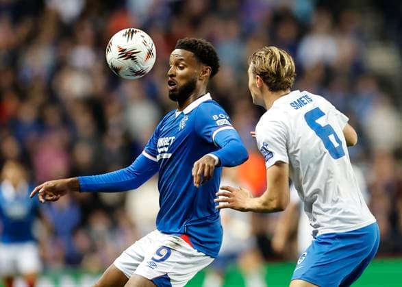 Rangers v KRC Genk UEFA Europa League Youseff Chemiti of Rangers (left) and Matte Smets of KRC Genk in action during the UEFA Europa League match at Ibrox Stadium, Glasgow UK Newspapers OUT Copyright: xFredxPalmerx FIL-22274-0056