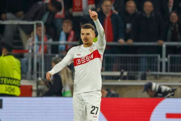 Badredine Bouanani VfB Stuttgart, 27 after his goal for 1 0 , Germany, Football, UEFA Europa League, Matchday 1, 2025 2026, VfB Stuttgart vs Celta Vigo, 25 09 2025, Arena Stuttgart, Stuttgart, Germany Stuttgart Arena Stuttgart Baden Württemberg Germany Copyright: xGrantxHubbsx