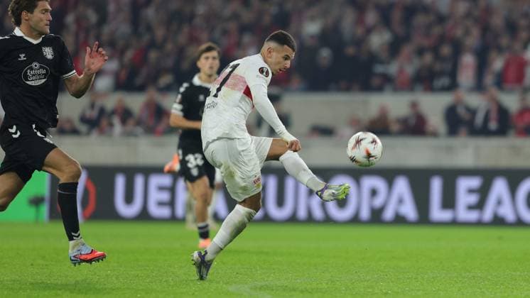 Stuttgart , Europa League soccer VfB Stuttgart vs Celta Vigo, Badredine Bouanani VfB scores the goal to make it 1-0 According to the regulations of the DFL German Football League, it is prohibited to use or have used photographs taken in the stadium and or of the match in the form of sequential images and or video-like photo series