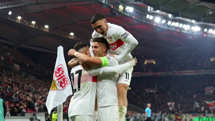 Stuttgart , Europa League soccer VfB Stuttgart vs Celta Vigo, f l Badredine Bouanani VfB Ermedin Demirovic VfB Bilai El Khannouss VfB celebrate the goal to 1 0 According to the regulations of the DFL German Football League, it is prohibited to use or have used photographs taken in the stadium and or of the match in the form of sequential images and or video-like photo series