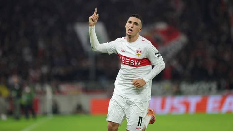 Stuttgart , Europa League soccer VfB Stuttgart vs Celta Vigo, Bilai El Khannouss VfB cheers after the goal to 2 0 According to the regulations of the DFL German Football League, it is prohibited to use or have used photographs taken in the stadium and or of the game in the form of sequential images and or video-like photo series
