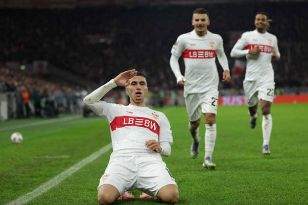 Stuttgart , Europa League soccer VfB Stuttgart vs Celta Vigo, Bilai El Khannouss VfB cheers after the goal to 2 0 According to the regulations of the DFL German Football League, it is prohibited to use or have used photographs taken in the stadium and or of the game in the form of sequential images and or video-like photo series