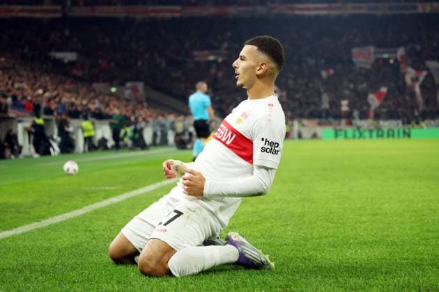 25 09 25 VfB Stuttgart Celta de Vigo Germany, Stuttgart, 25 09 2025, Football, UEFA Europa League, VfB Stuttgart Celta de Vigo Badredine Bouanani VfB Stuttgart Jubel Tor 1 0 Bouanani