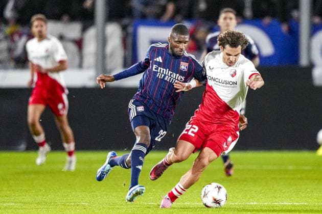 UTRECHT , 25-09-2025 , stadium Galgenwaard , season 2025 2026 , UEFA Europa League football , League phase Matchday 1 , match between FC Utrecht and Olympique Lyon , picture shows Olympique Lyonnais player Clinton Mata and FC Utrecht player Miguel Rodriguez Utrecht - Olympique Lyon  x31194740x Copyright: