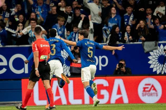 Alberto Reina (N5) celebrates after scoring during La Liga game between Real Oviedo and Barcelona at Carlos Tartiere, Oviedo, Spain. Copyright: xAndresxLopezxSheridanxx xSPPx Sportspressphoto_SPR32153