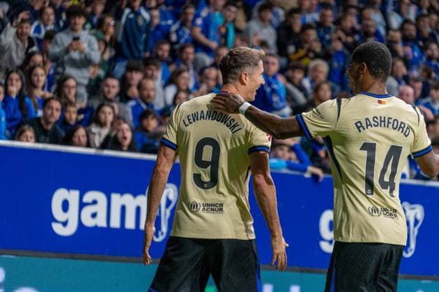 Robert Lewandowski (N9) celebrates a goal during La Liga game between Real Oviedo and Barcelona at Carlos Tartiere, Oviedo, Spain. Copyright: xAndresxLopezxSheridanxx xSPPx Sportspressphoto_SPR32190