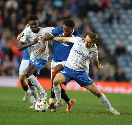 Youssef Chermiti of Rangers battles for the ball with Matte Smets of Genk during the Europa League league phase match at Ibrox Stadium, Glasgow. Rangers v Genk - UEFA Europa League - League Phase - Ibrox Stadium, Glasgow, Lanarkshire, Scotland, UK - 25 Sep 2025Glasgow Ibrox Lanarkshire United Kingdom  Copyright: xO Rourke RangersxFC Shutterstockx 15504270ch