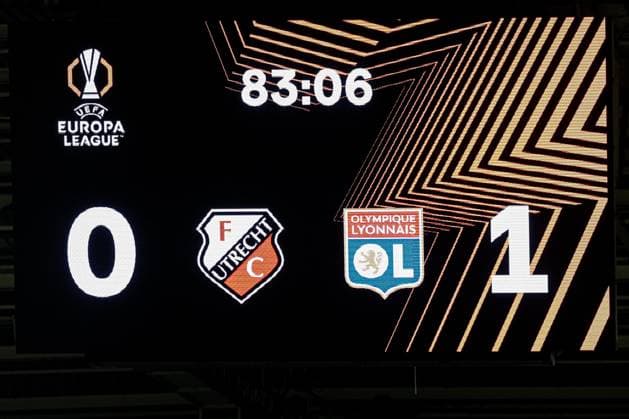 2025-09-25 FC Utrecht v Olympique Lyonnais - UEFA Europa League 2025 26 League Phase MD1 UTRECHT, NETHERLANDS - SEPTEMBER 25: scoreboard showing the 0-1 score during the UEFA Europa League 2025 26 League Phase MD1 match between FC Utrecht and Olympique Lyonnais at Stadion Galgenwaard on September 25, 2025 in Utrecht, Netherlands. Utrecht Stadion Galgenwaard Netherlands Content not available for redistribution in The Netherlands directly or indirectly through any third parties. Copyright: xBenxGalx