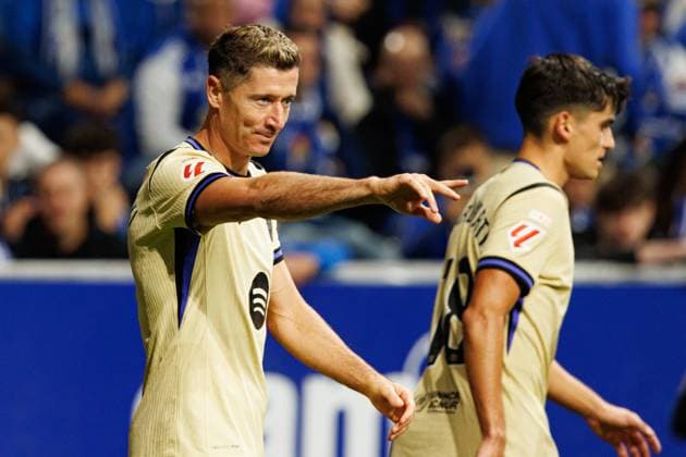 Robert Lewandowski seen celebrating after scoring goal during LaLiga EA SPORTS game between teams of Real Oviedo and FC Barcelona, Barca at Carlos Tartiere Stadium (Maciej Rogowski Ball Raw Images) Oviedo Carlos Tartiere Stadium Spain Copyright: xMaciejxRogowskix maciejrogowski_oviedo_barcelona_2526-51