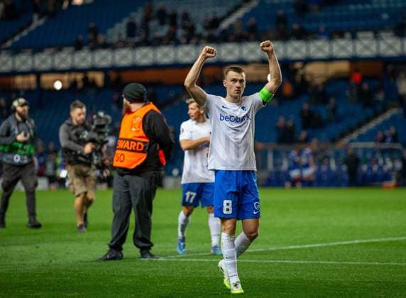 25th September 2025; Ibrox Stadium, Glasgow, Scotland; UEFA Europa League Football, Rangers versus Genk; Captain Bryan Heynen of KRC Genk salutes the fans  VagelisxGeorgariou
