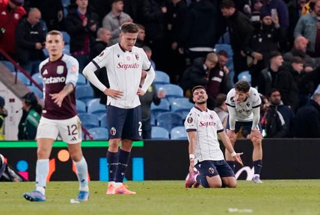 Birmingham, England, 25th September 2025. Riccardo Orsolini of Bologna reacts on the final whistle during the Aston Villa vs Bologna UEFA Europa League match at Villa Park, Birmingham. Picture credit should read: Andrew Yates Sportimage EDITORIAL USE ONLY. No use with unauthorised audio, video, data, fixture lists, club league logos or live services. Online in-match use limited to 120 images, no video emulation. No use in betting, games or single club league player publications. SPI_048_AY_Villa_Bologna SPI-4162-0048