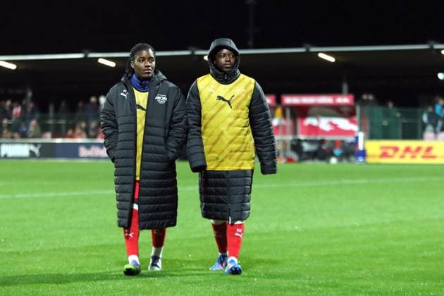 Soccer Bundesliga Women RB Leipzig vs Hamburger SV 25 09 25 Delice Boboy 17, RB Leipzig left and Persis Oteng 9, RB Leipzig Soccer, Google Pixel Women Bundesliga, Season 2025 2026, Matchday 4 RB Leipzig vs Hamburger SV on 25 09 25, Red Bull Arena, Leipzig DFB REGULATIONS PROHIBIT ANY USE OF PHOTOGRAPHS AS IMAGE SEQUENCES AND OR QUASI VIDEO Copyright: xBEAUTIFULxSPORTS JanxKaeferx