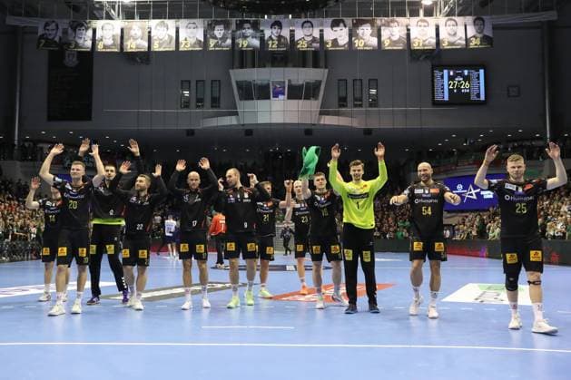 25 09 2025, xtgx, Handball, EHF Champions League, SC Magdeburg Wisla Plock v l Magdeburg Cheering about the victory, cheering after the end of the match Magdeubrg