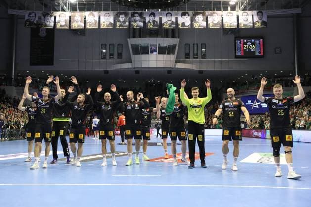 25 09 2025, xtgx, Handball, EHF Champions League, SC Magdeburg Wisla Plock v l Magdeburg Cheering about the victory, cheering after the end of the match Magdeubrg