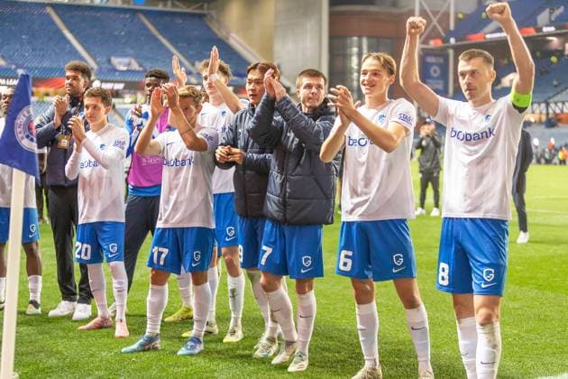 Rangers v KRC Genk Europa League 25 09 2025. KRC Genk players show their appreciation to their supporters following their 1-0 victory during the UEFA Europa League, Rangers FC vs KRC Genk, Ibrox Stadium, Glasgow, Scotland. 25 09 2025 Govan Ibrox Stadium Glasgow Scotland Editorial use only , Copyright: xColinxPoultneyx PSI-22901-0062