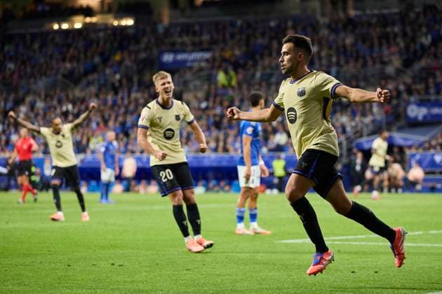 September 25, 2025, Oviedo, Asturias, Spain: Eric Garcia of FC Barcelona, Barca celebrates after scoring the team s first goal during the LaLiga EA Sports match between Real Oviedo and FC Barcelona at Carlos Tartiere on September 25, 2025, in Oviedo, Spain. Oviedo Spain - ZUMAa181 20250925_zaa_a181_068 Copyright: xRicardoxLarreinax